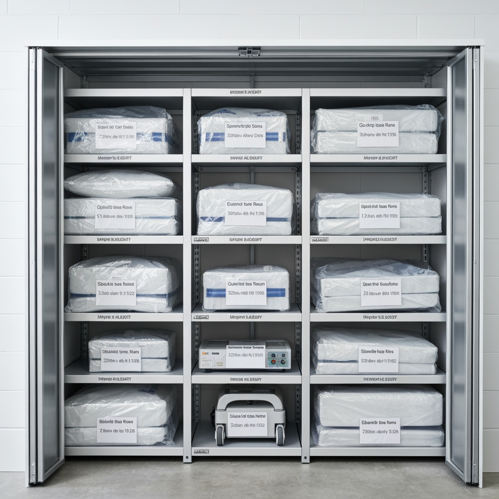 Climate-controlled storage unit with properly stored medical equipment