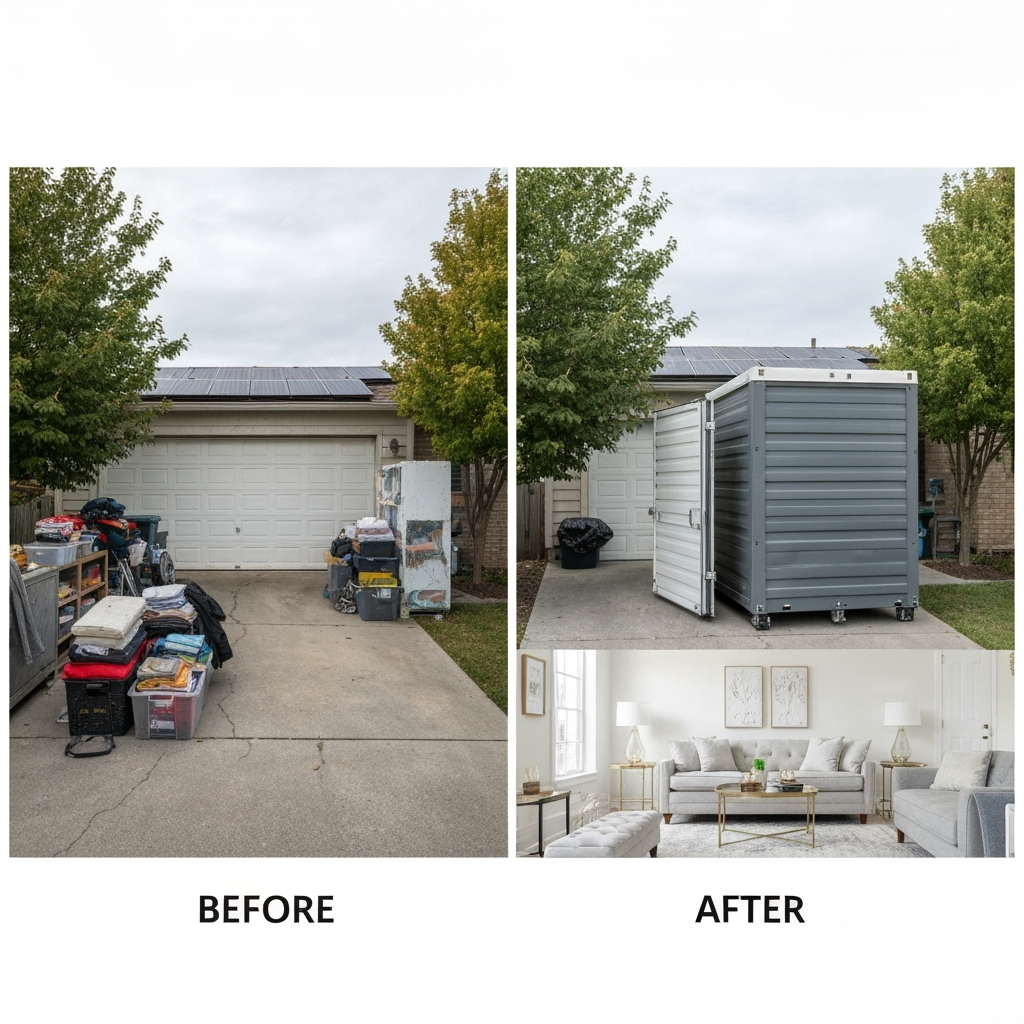 Before and after of home staging with portable storage solution