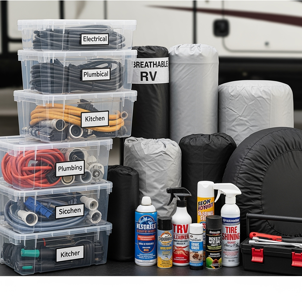 Organized RV storage supplies and equipment