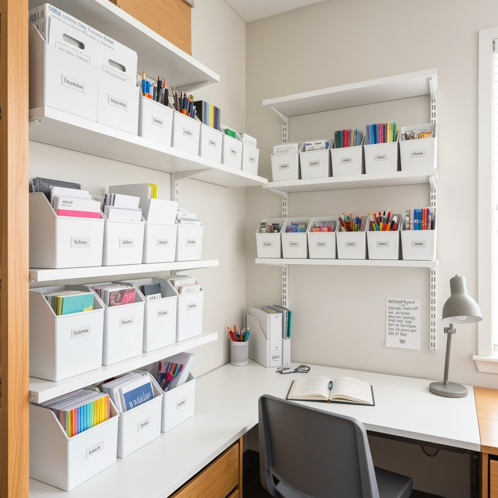 Efficient academic storage solutions in a dorm room