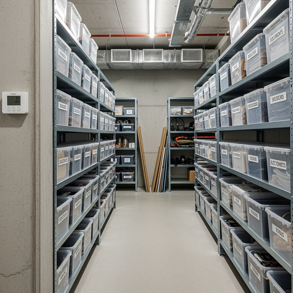 Modern storage unit interior with practical inventory organization systems