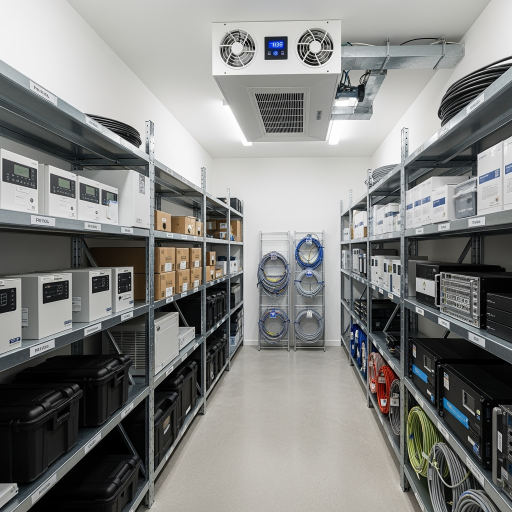 Climate-controlled storage unit with organized electronic equipment
