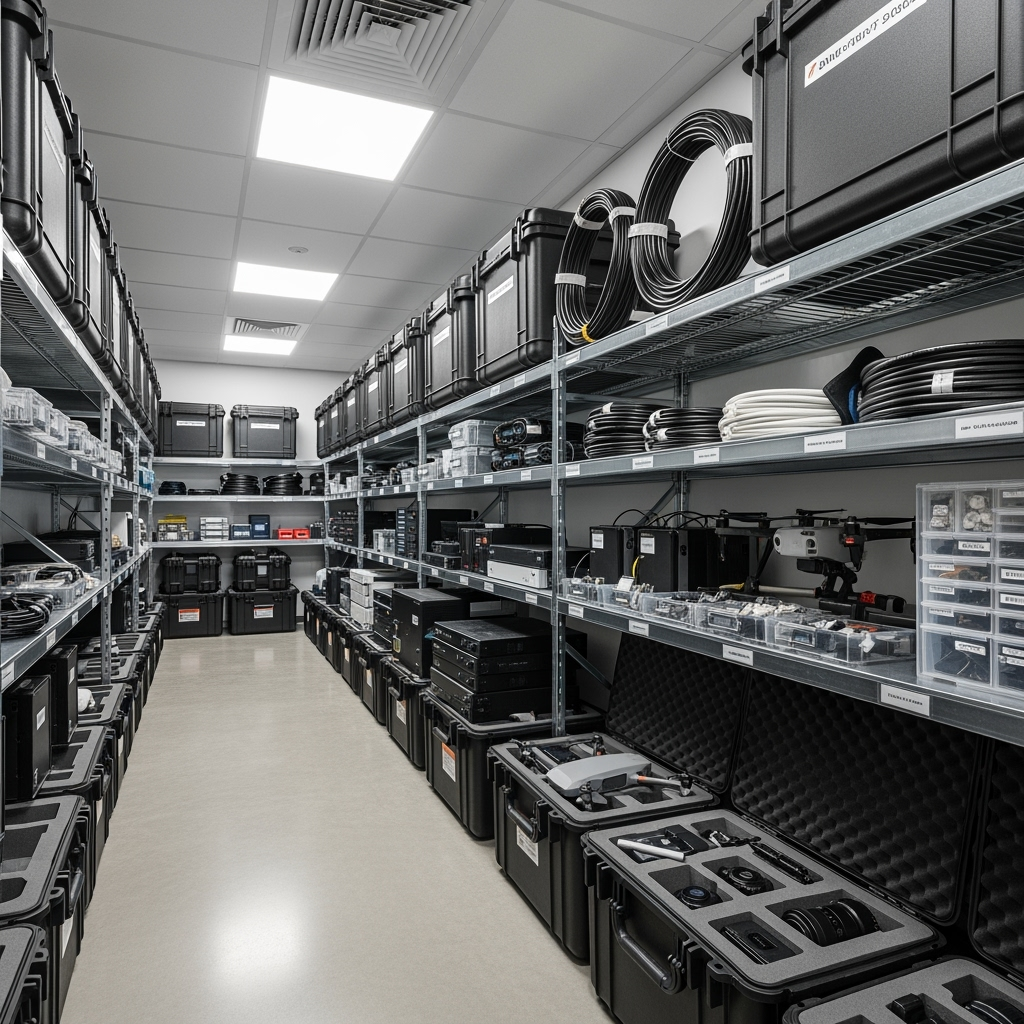 Climate-controlled storage unit with organized tech equipment