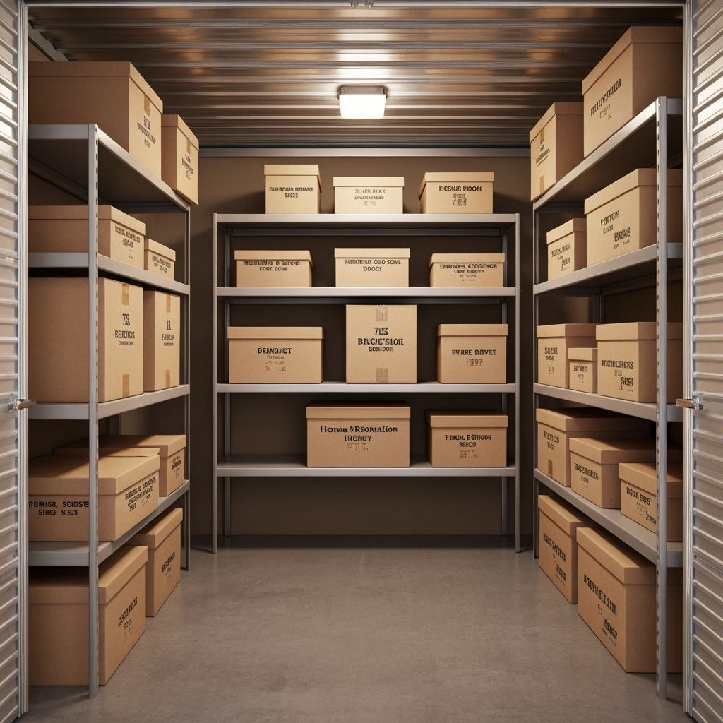 Organized storage unit showing business inventory and renovation materials