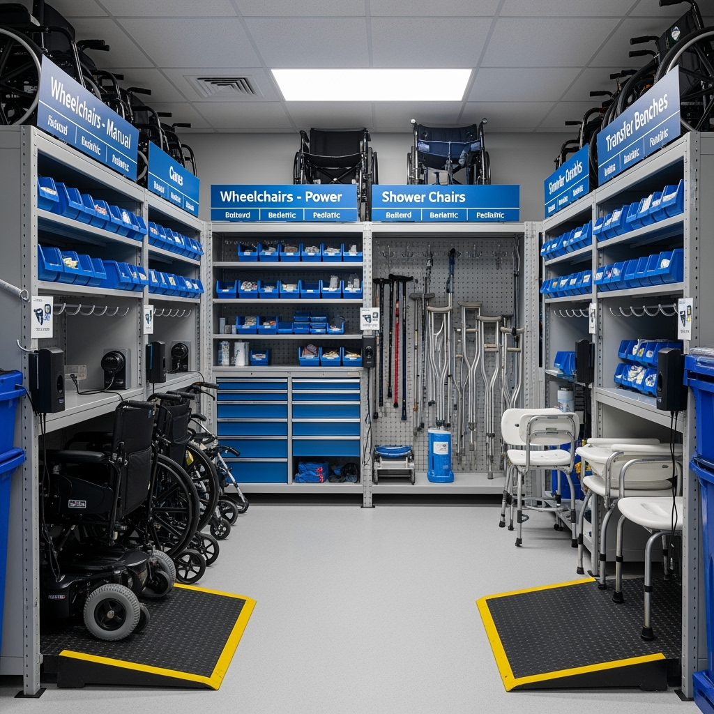 Detailed view of organized accessibility equipment storage system with labels and easy access features