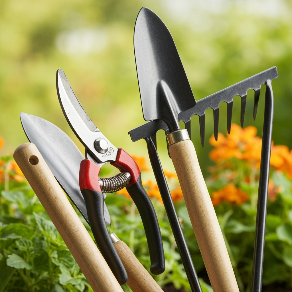 Garden tools being cleaned and prepared for storage