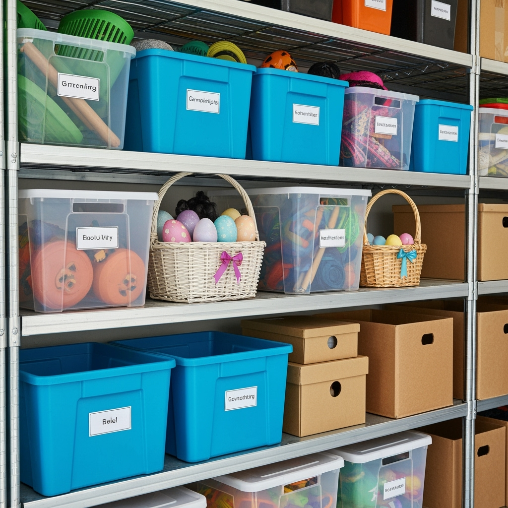 Organized garage shelving with seasonal storage solutions