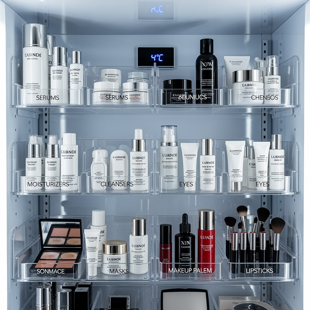 Temperature-controlled storage unit with organized beauty products