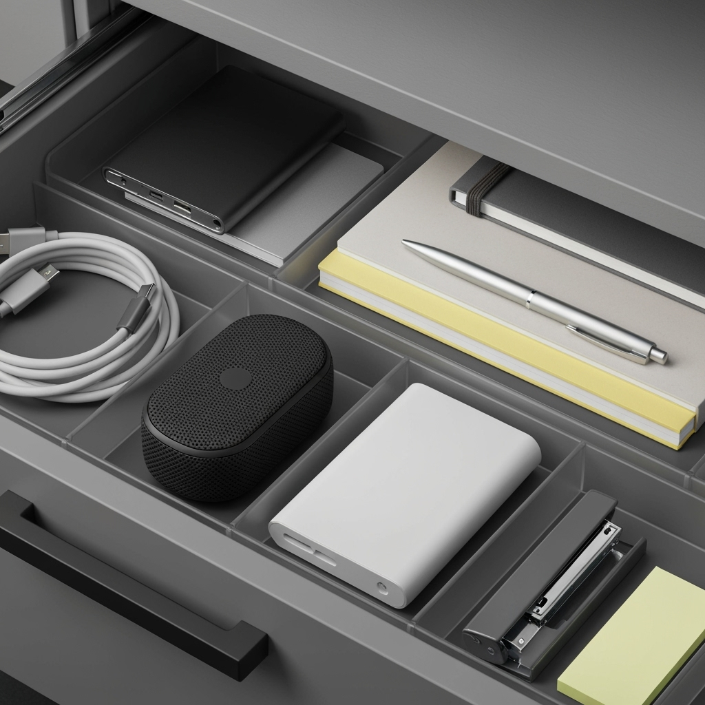 Organized desk drawer with tech and traditional office supplies