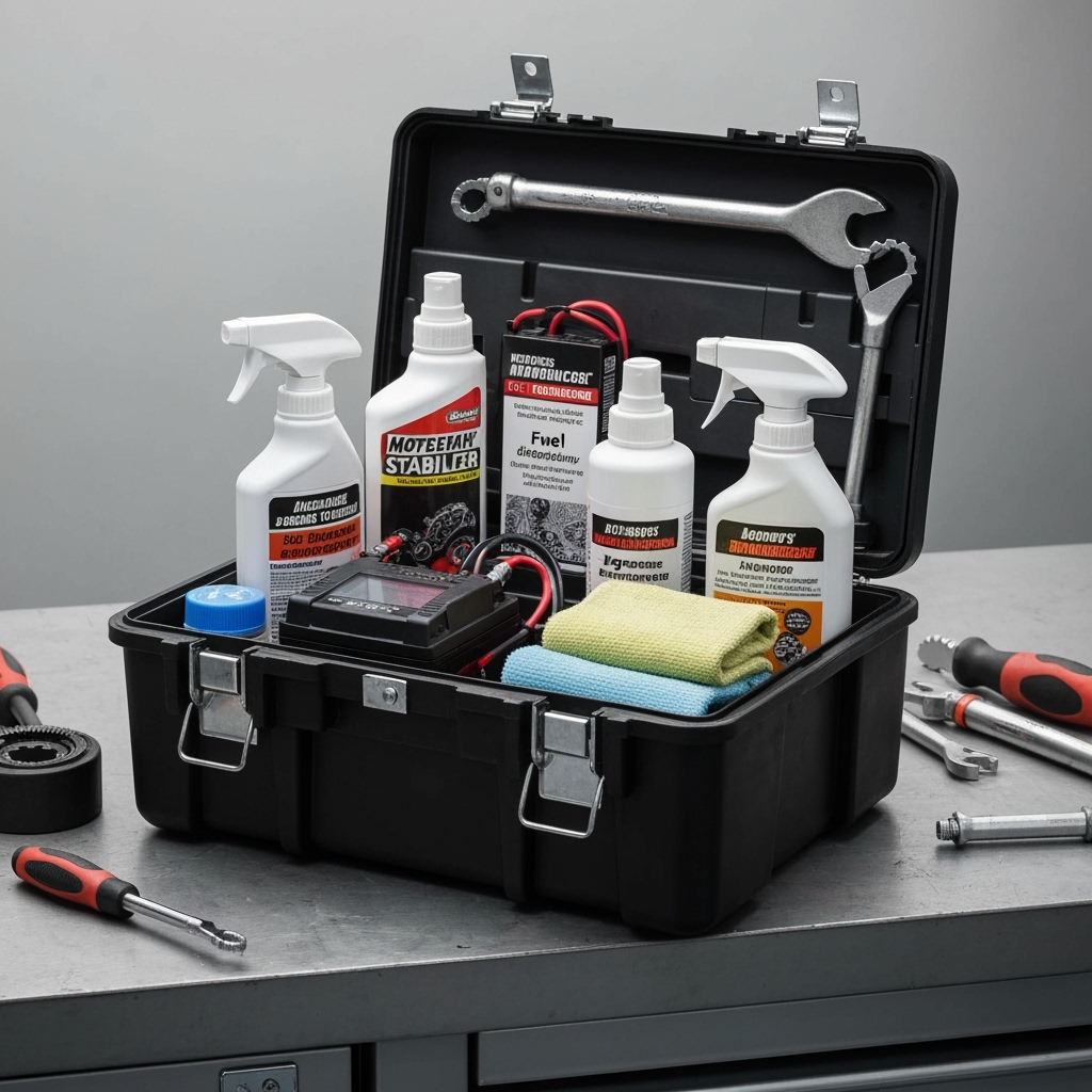 Organized motorcycle winterization supplies and tools