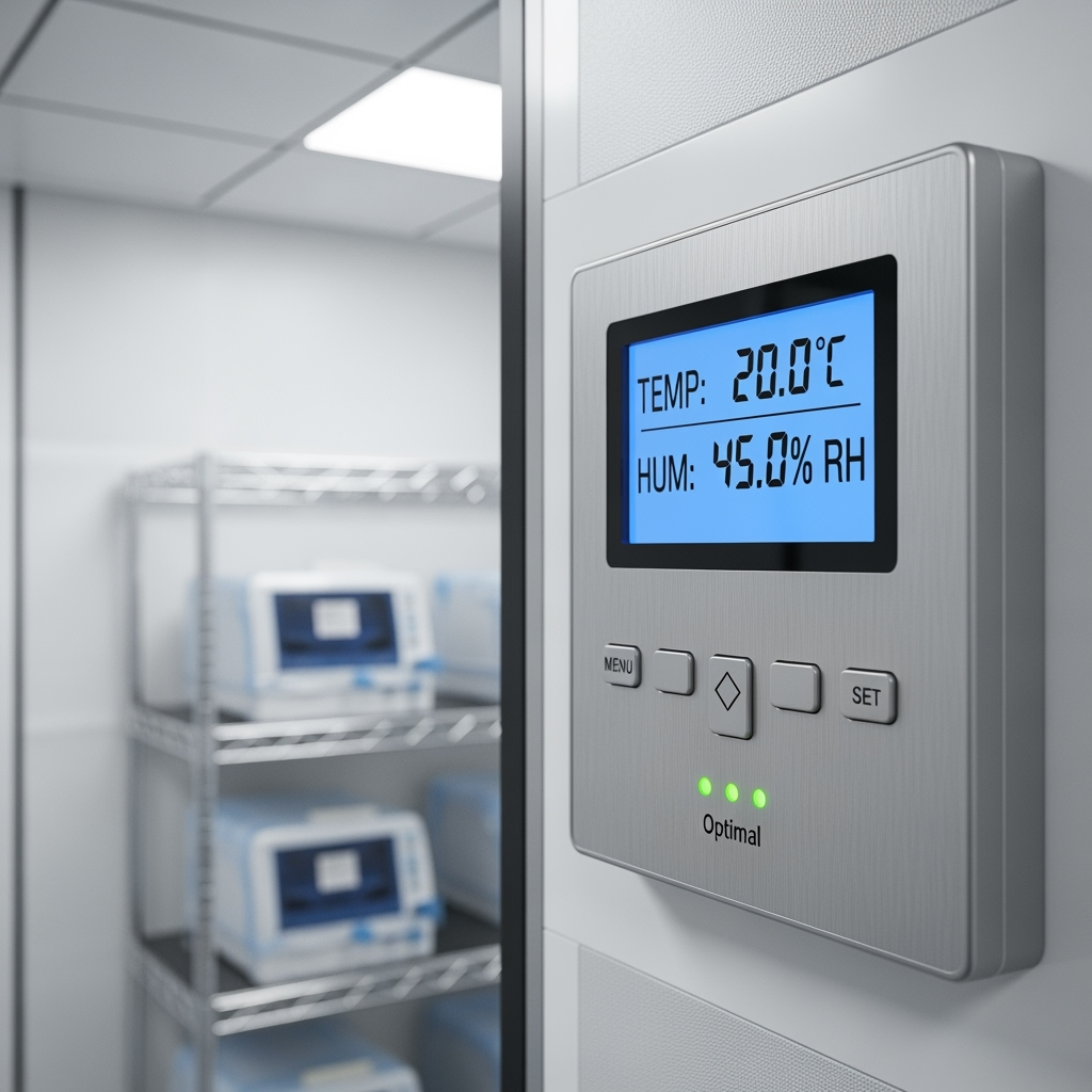 Digital display showing temperature and humidity monitoring in a climate-controlled storage unit