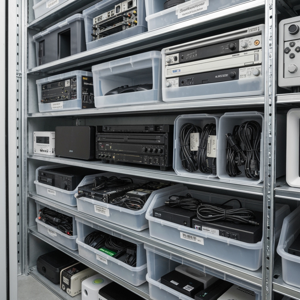 Climate-controlled storage unit with organized tech equipment