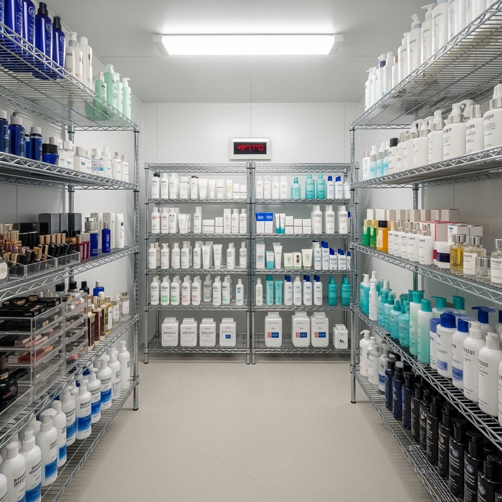 Temperature-controlled storage unit interior with organized beauty and personal care items