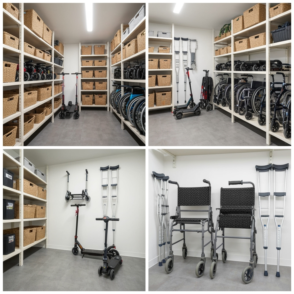 Organized storage unit showing proper mobility equipment storage techniques
