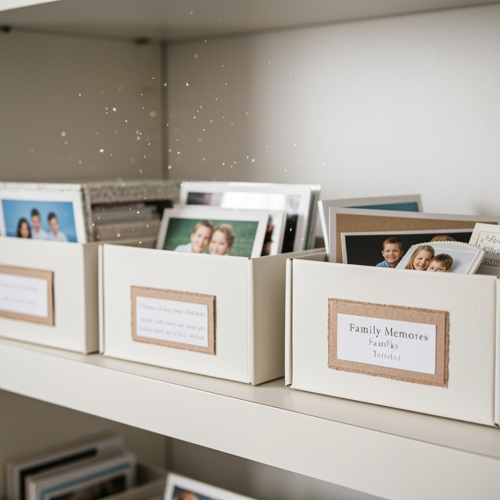 Labeled storage boxes with family photos and memorabilia