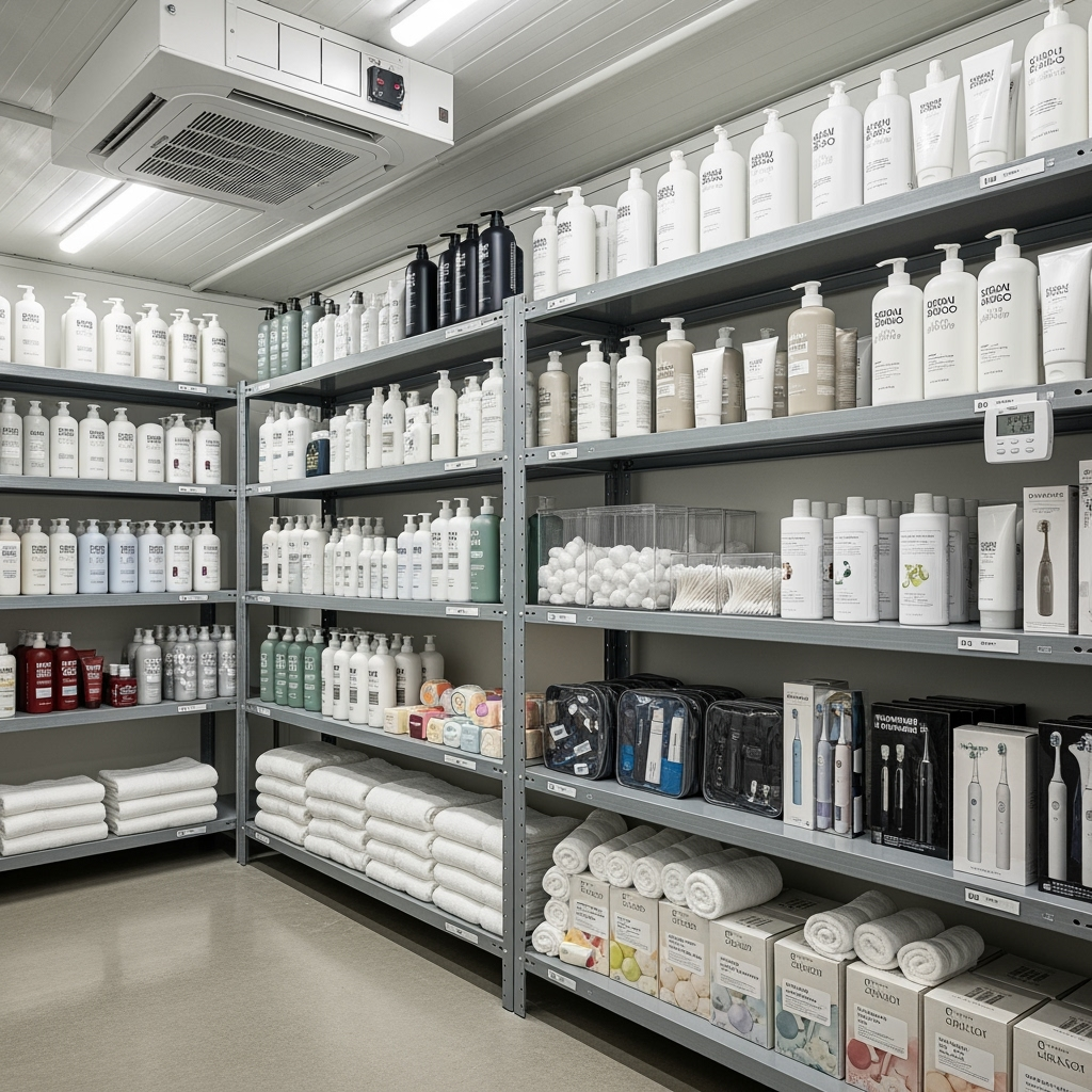 Climate-controlled storage unit with organized bathroom essentials