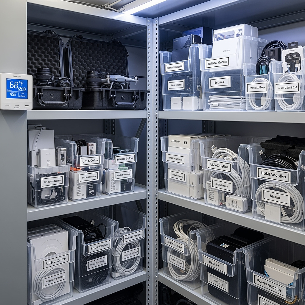 Organized tech accessories in climate-controlled storage