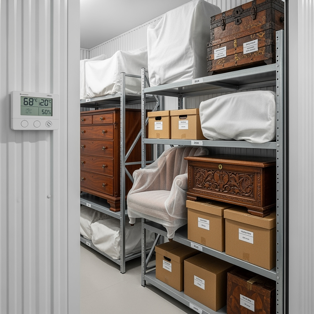 Properly stored antique furniture and family heirlooms in climate-controlled storage