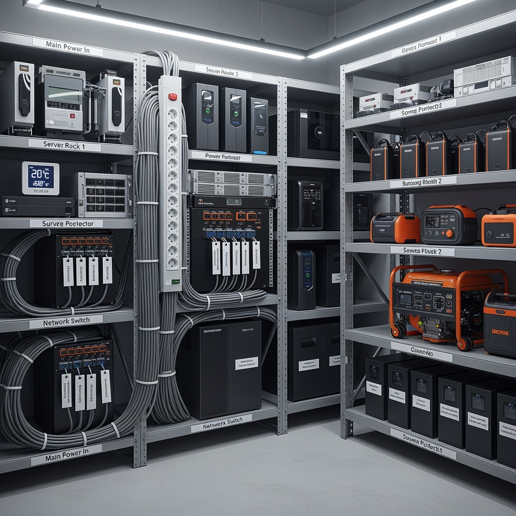 Organized power backup station with labeled equipment in climate-controlled storage