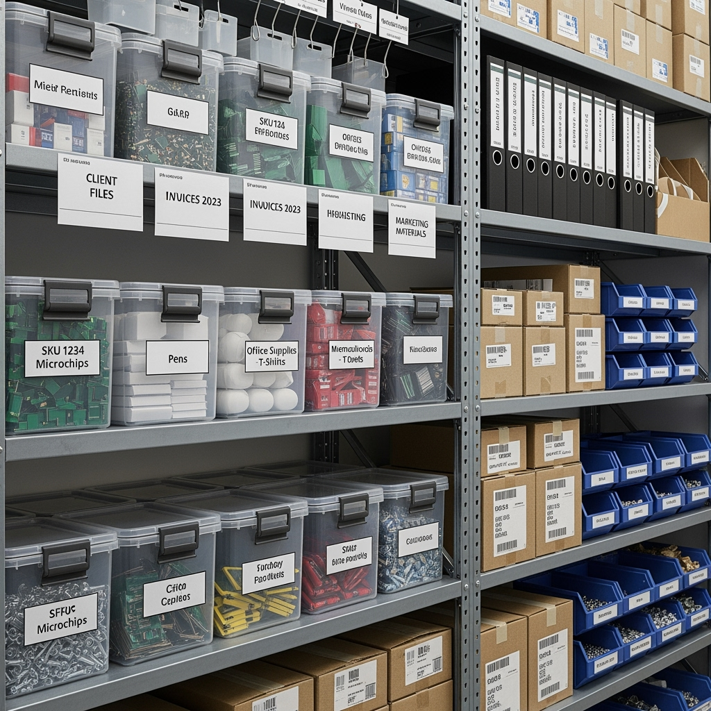 Efficient storage solutions showing professional shelving and organized business materials