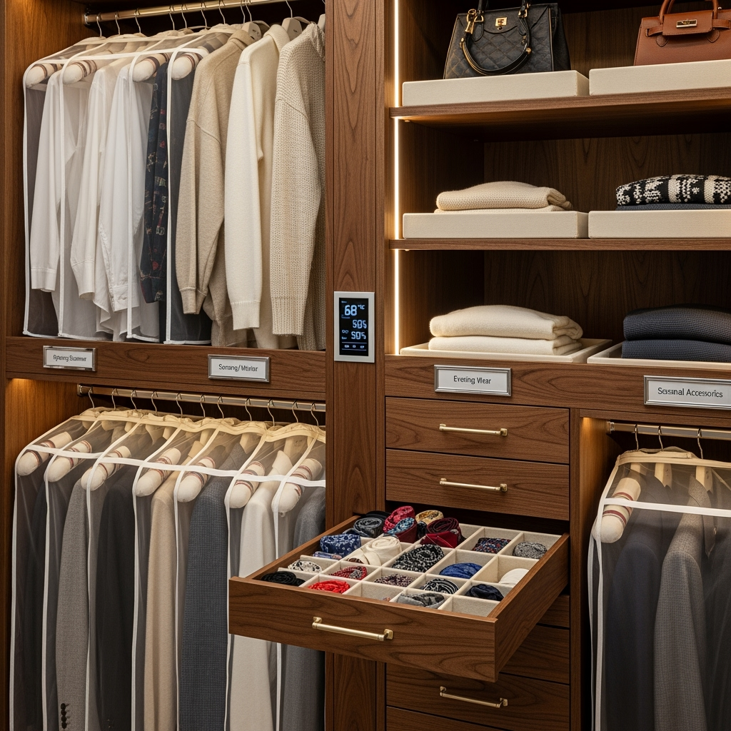 Organized luxury clothing storage system with seasonal labels