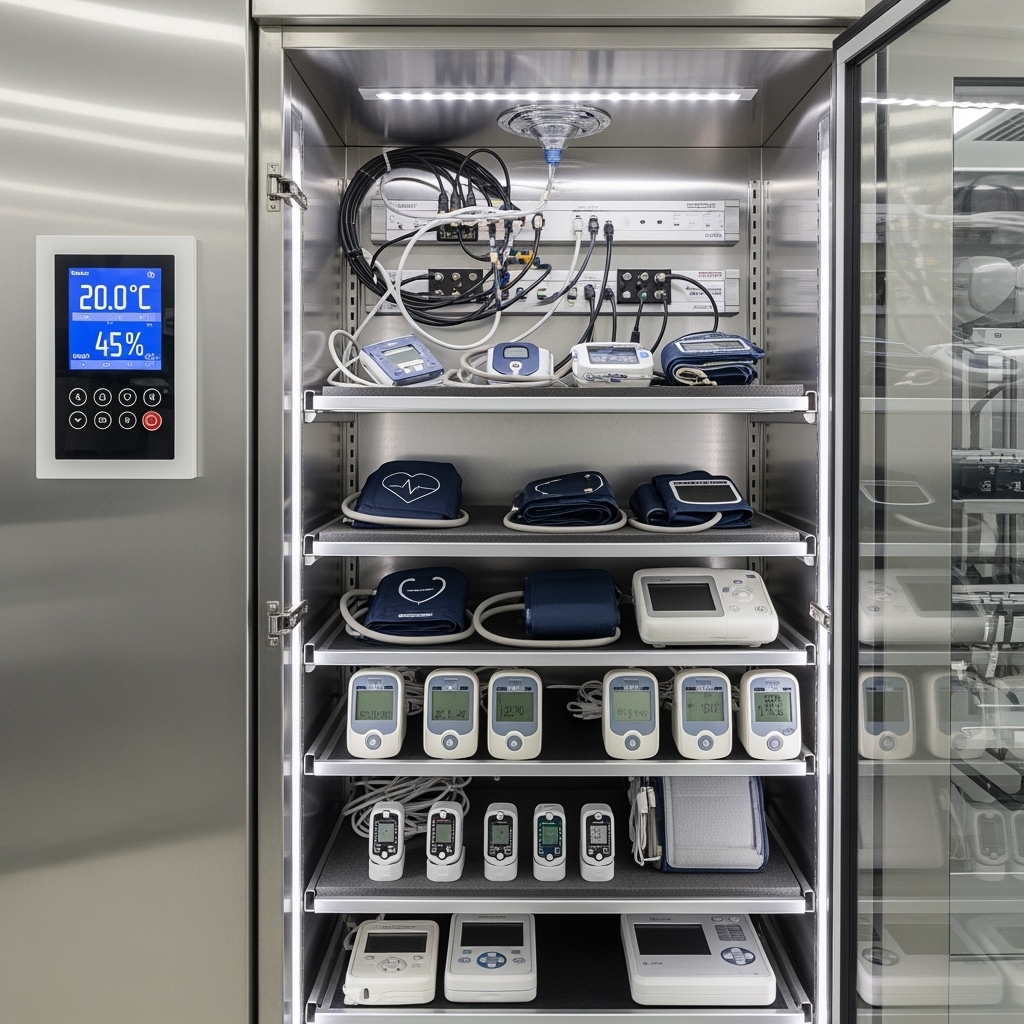 Climate-controlled storage solutions for health monitoring equipment