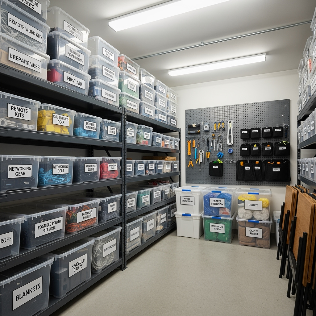 Organized storage unit with remote work emergency supplies