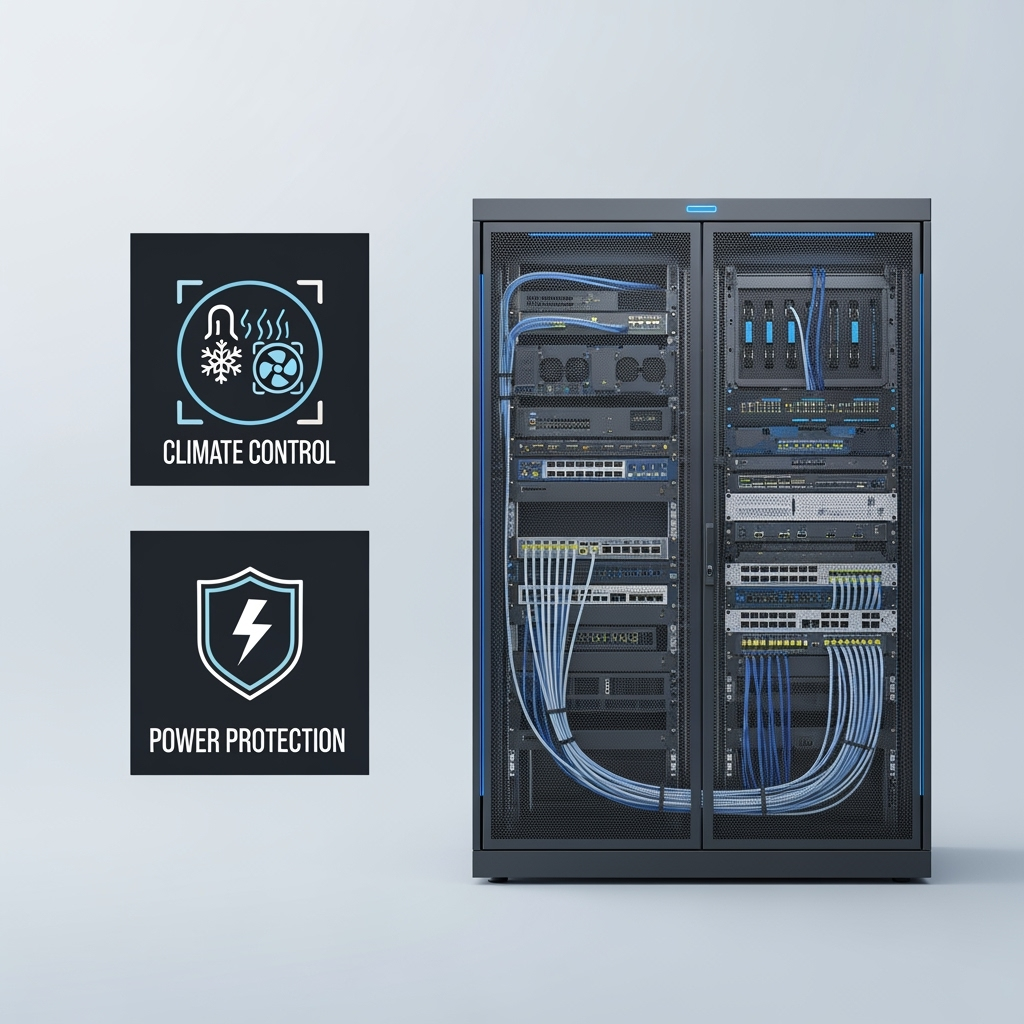 Organized electronic equipment storage with climate control icons