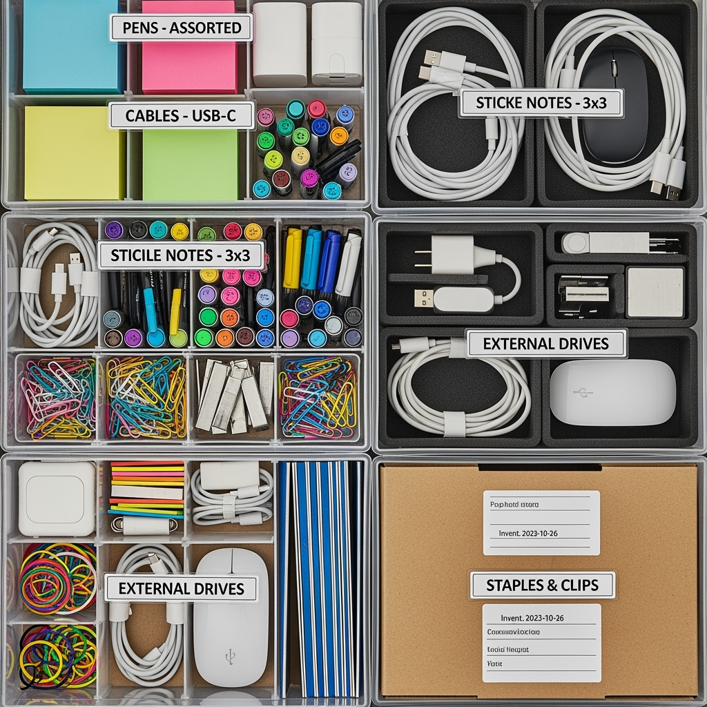 Organized storage boxes with office equipment and supplies