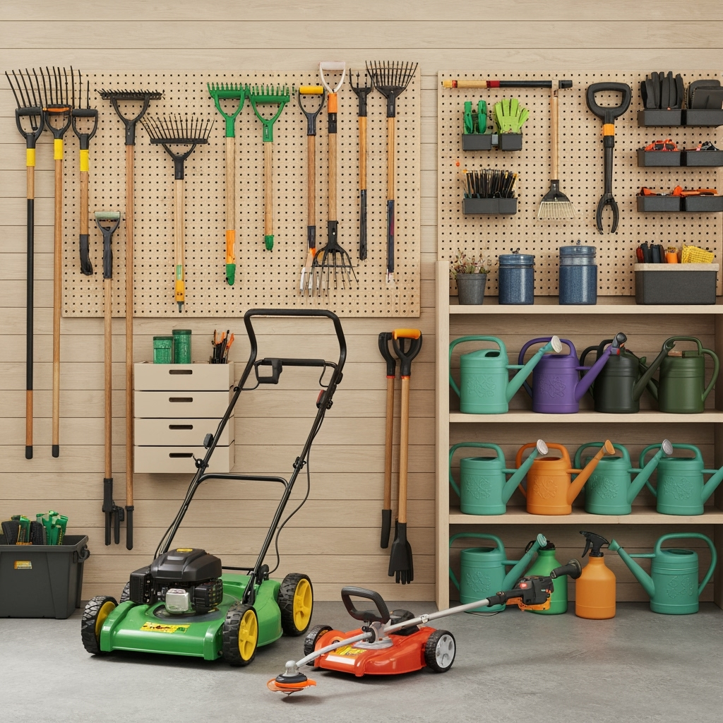 Detailed view of properly stored garden tools and equipment