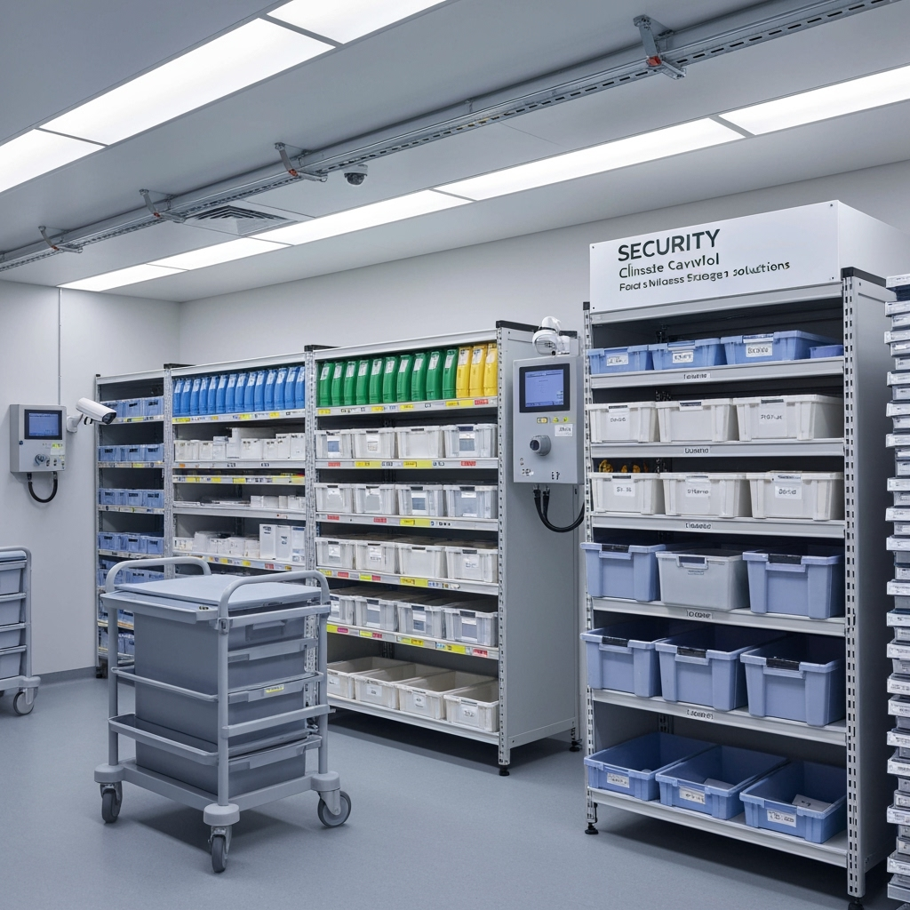 Organized medical equipment storage in climate-controlled environment