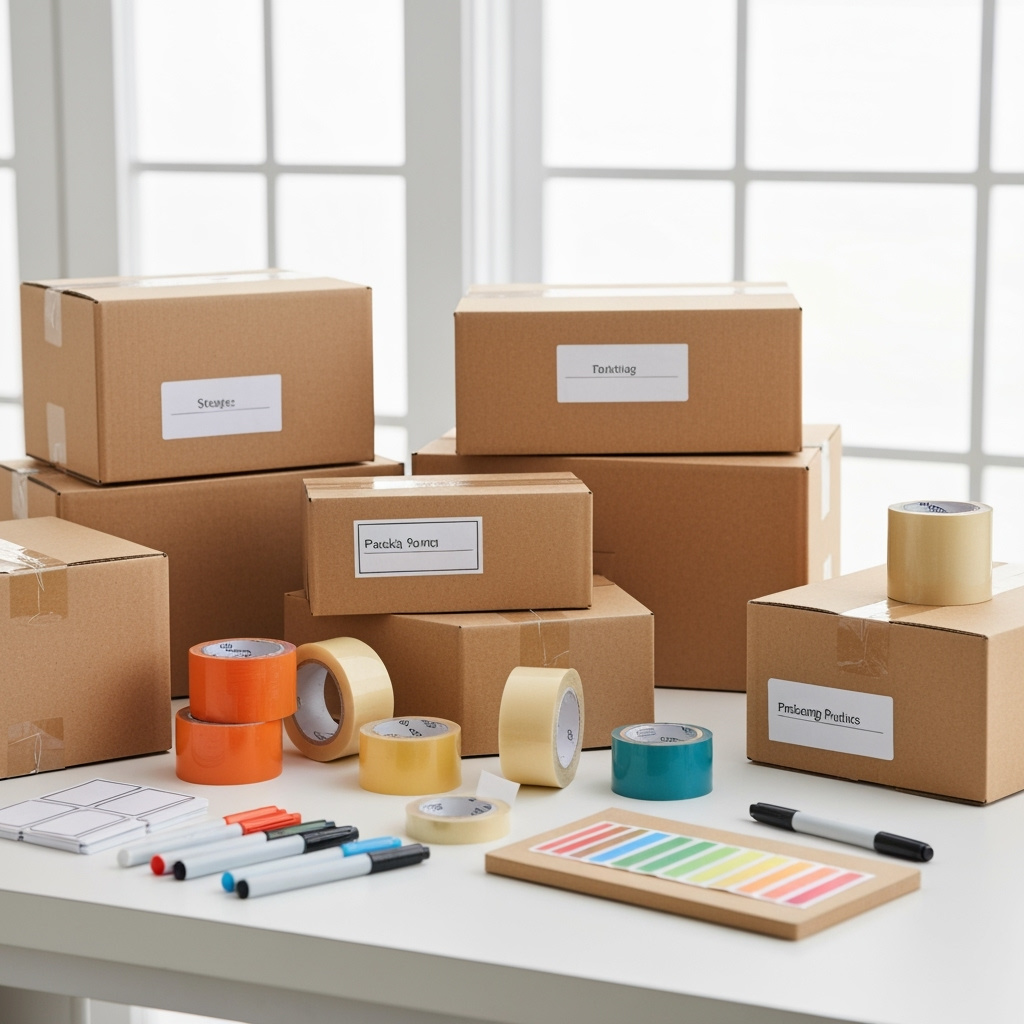 Storage solutions and packing supplies laid out systematically