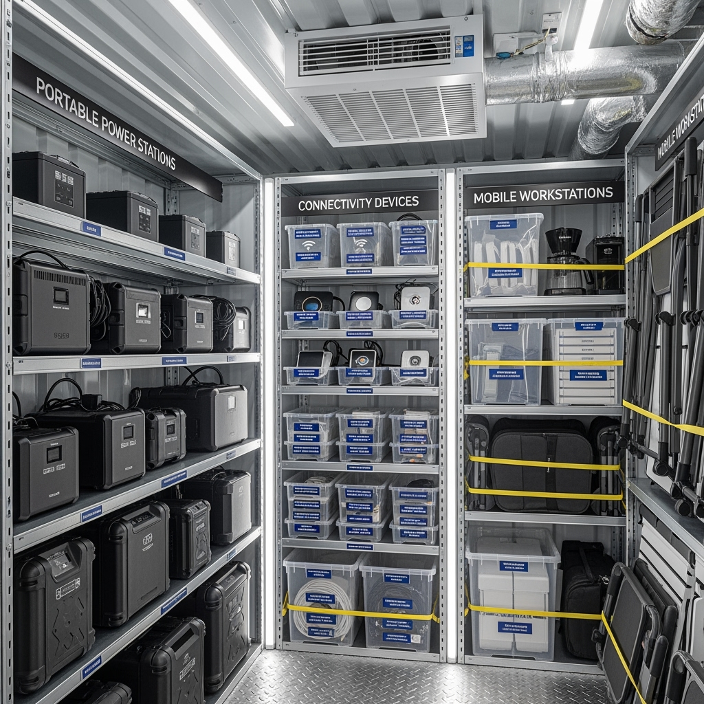 Inside view of organized storage unit with labeled sections