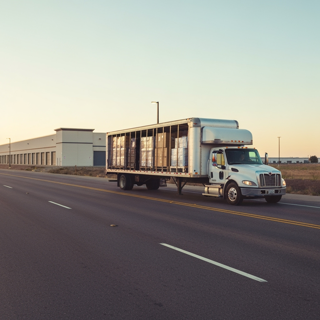 Moving truck on highway with storage facility