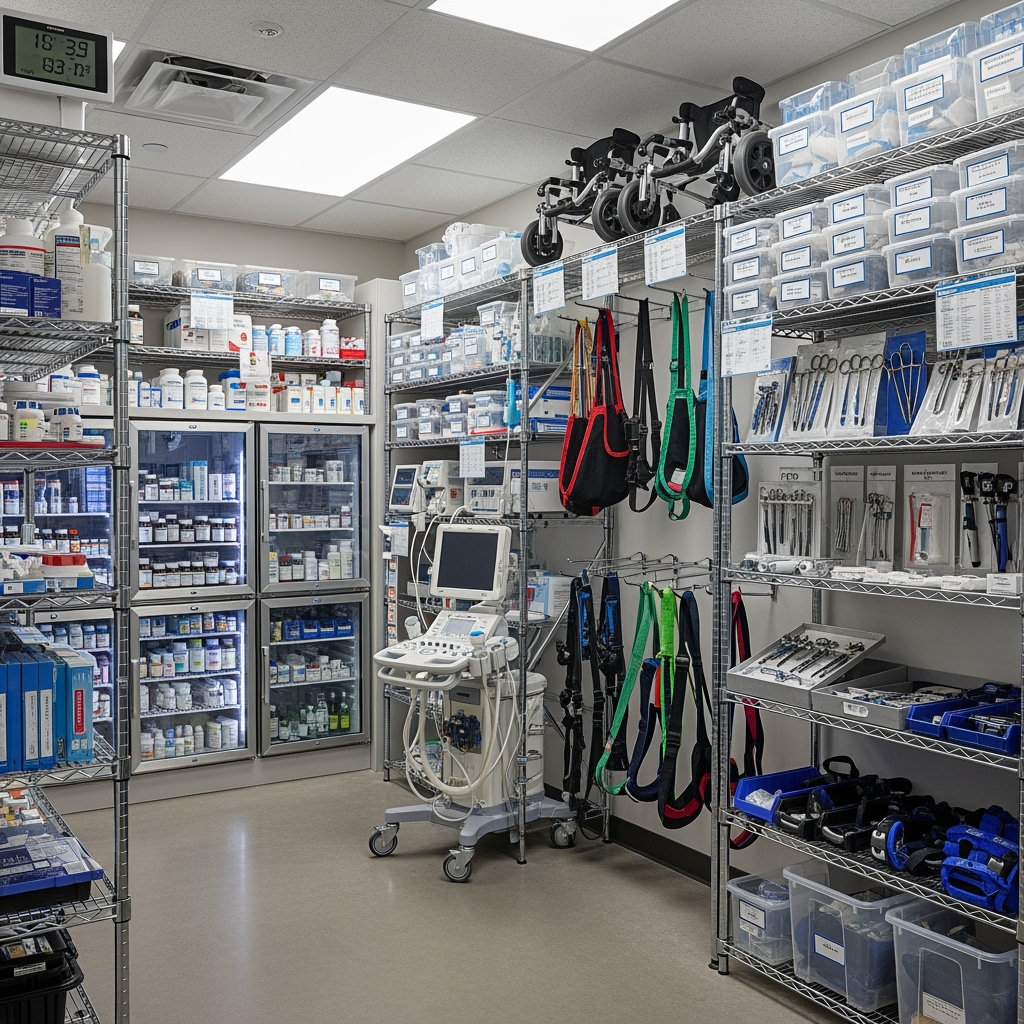 Climate-controlled storage space with organized pet medical supplies
