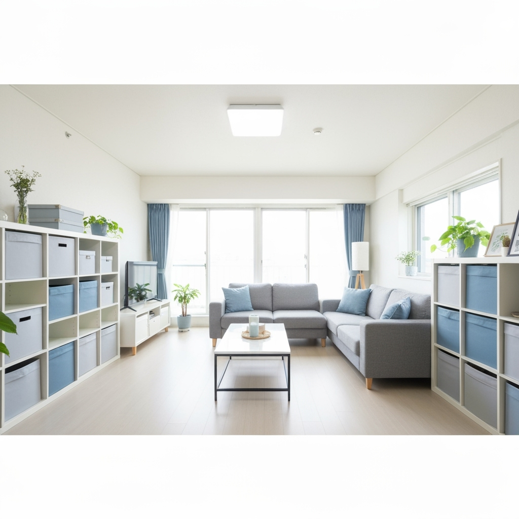 Modern apartment living room prepared for short-term rental with storage solutions