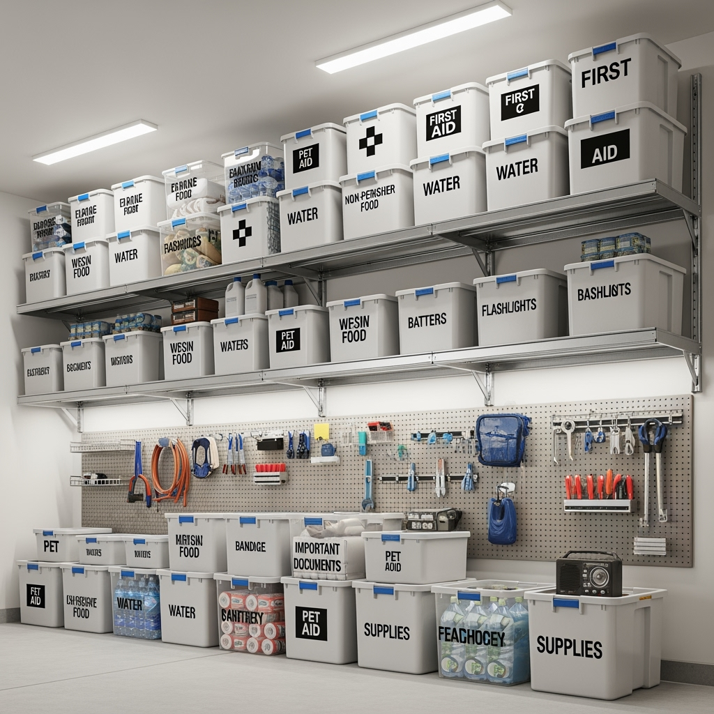 Elevated garage storage systems with emergency supplies organized