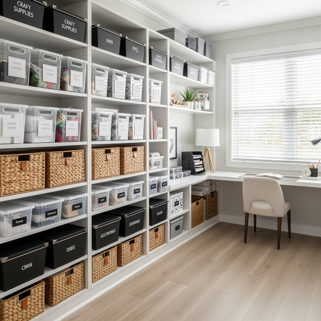 Organized storage solutions with labeled bins and smart shelving