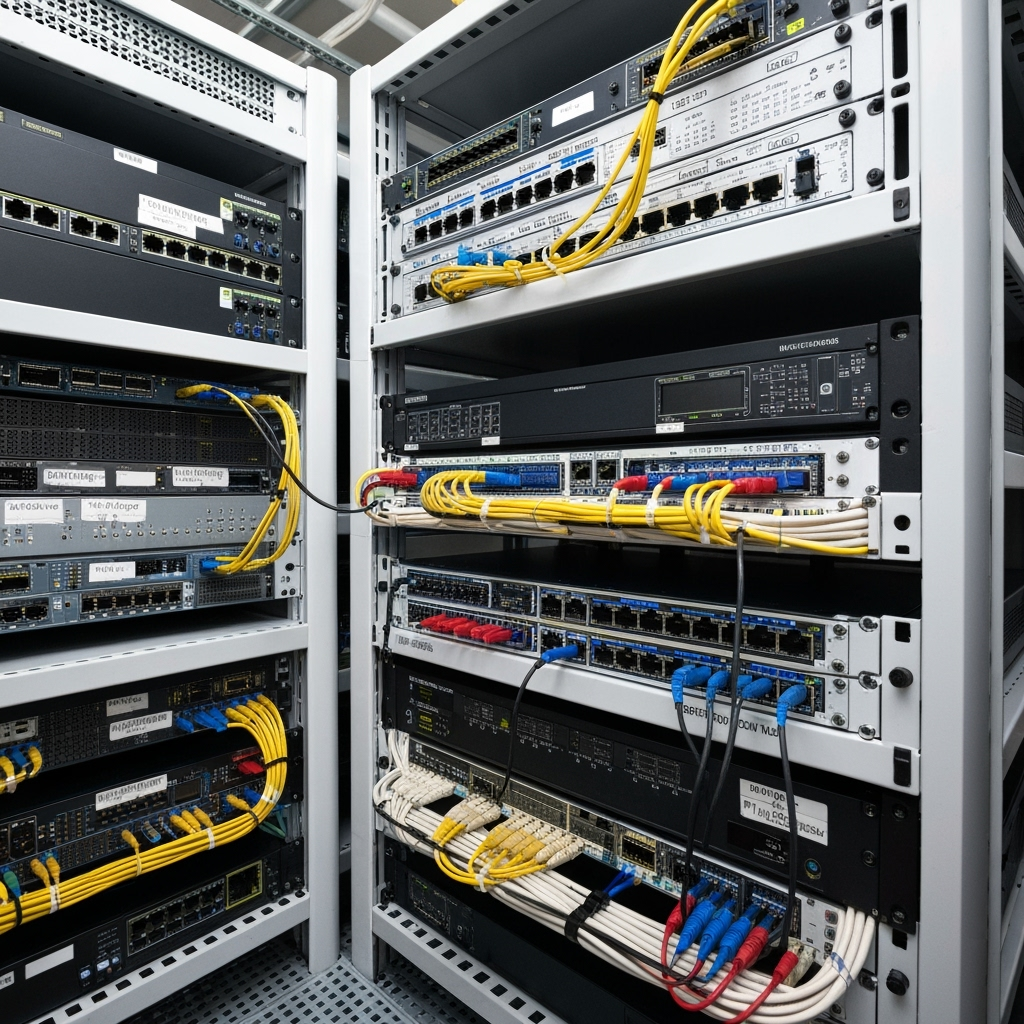 Detailed view of properly stored networking equipment with organized cable management