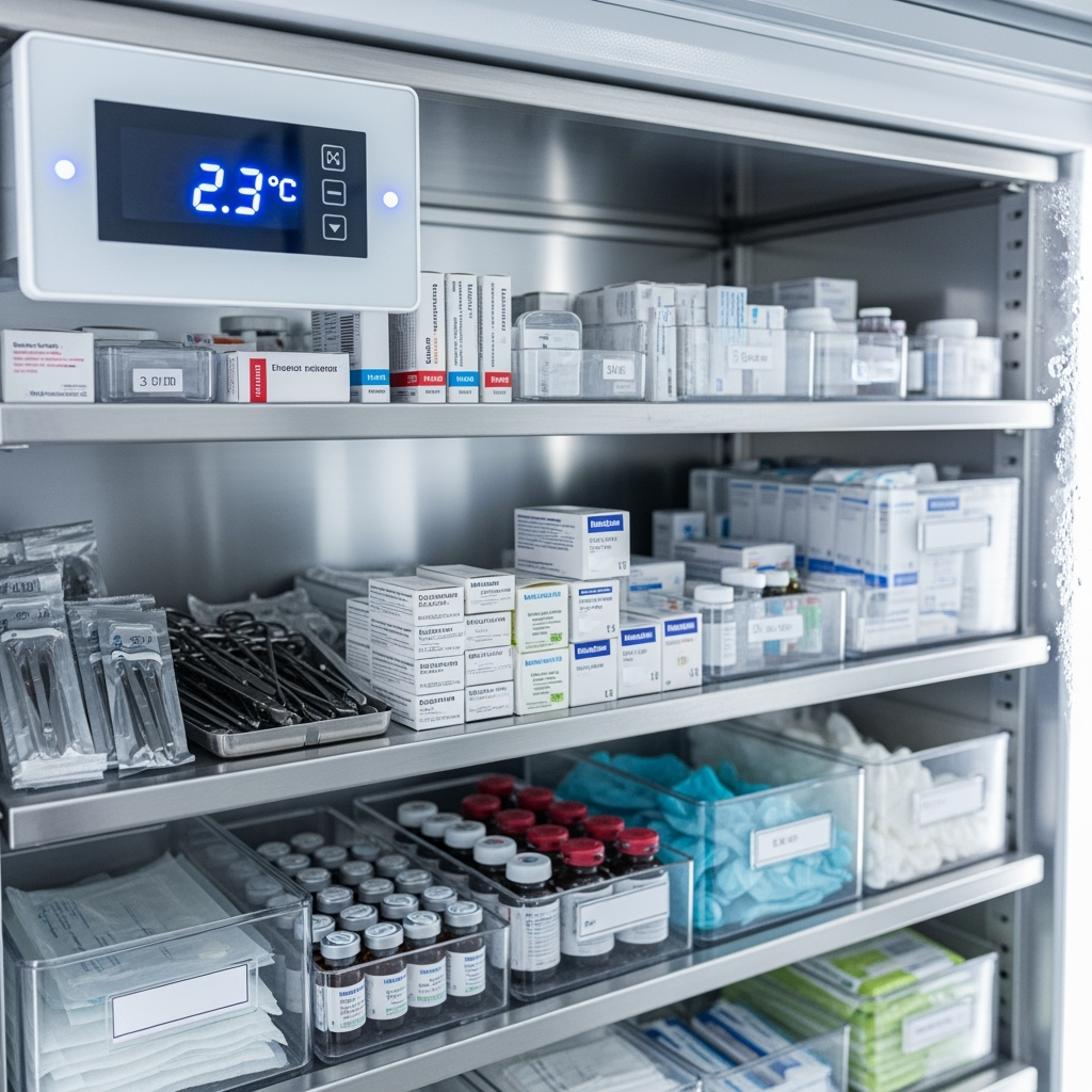 Temperature control panel and organized medical supply storage in climate-controlled environment