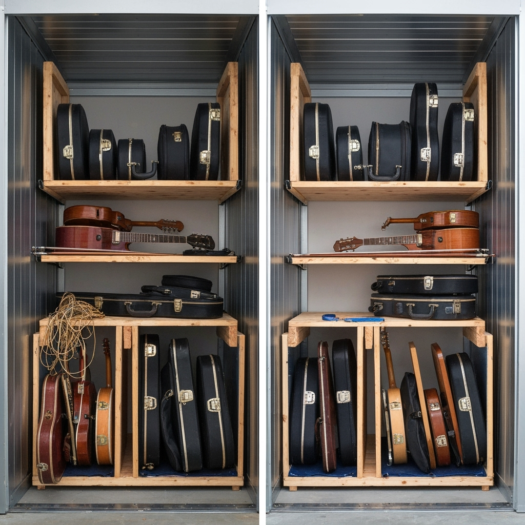 Before and after of musical instruments being stored in climate-controlled storage