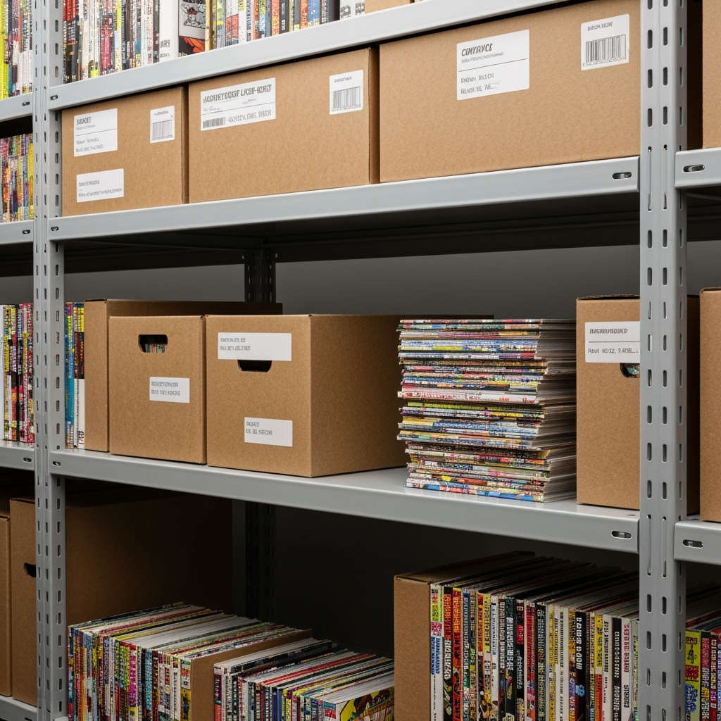 Proper comic book storage techniques and organization in climate-controlled environment