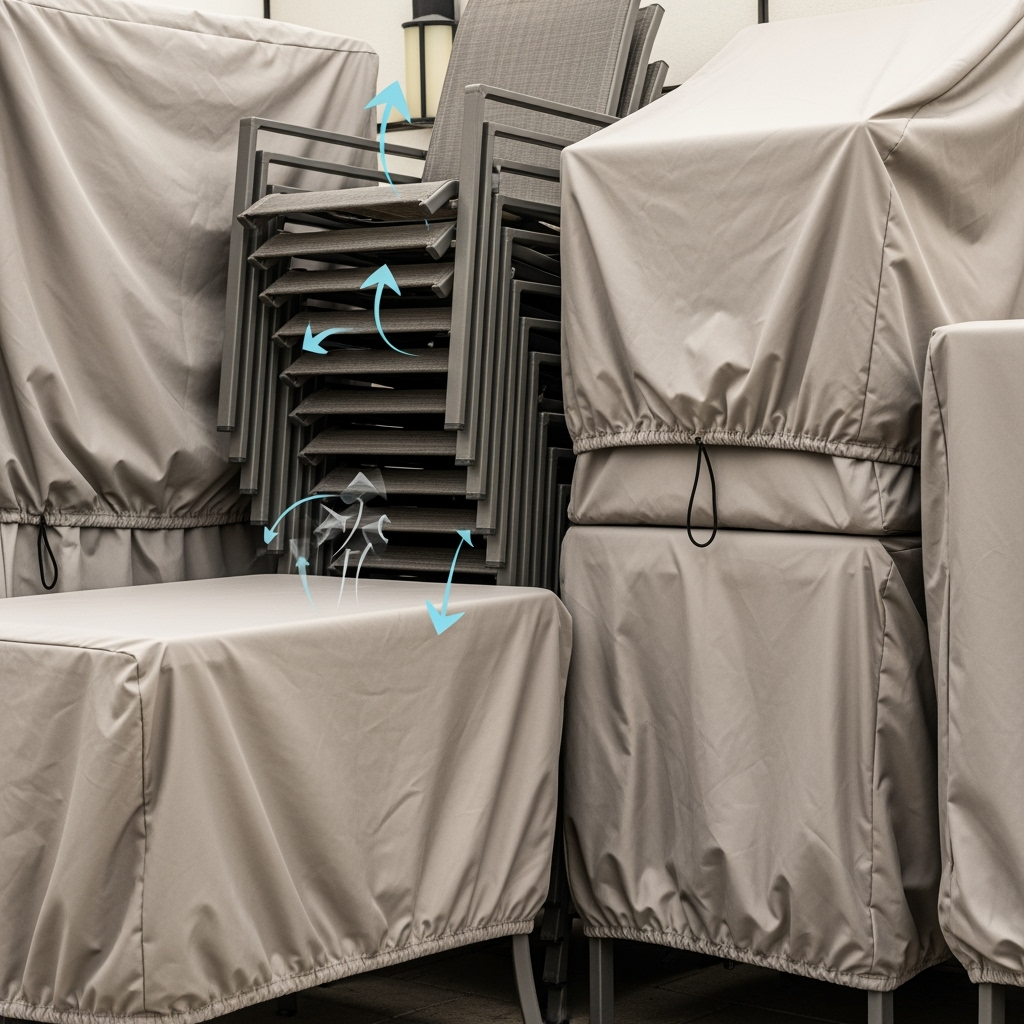 Properly stored outdoor furniture with protective covers