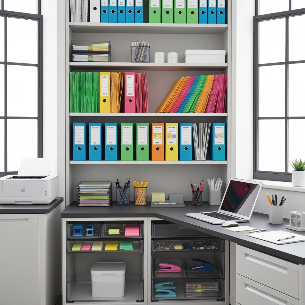 Organized storage unit with professional office equipment and supplies