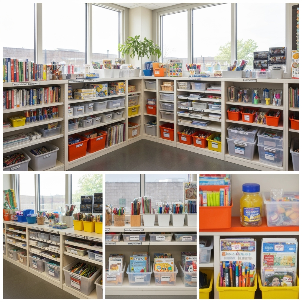 Storage space transformed into organized learning materials center