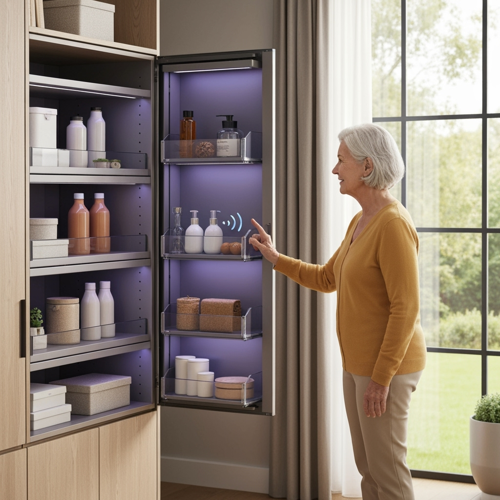 Senior using smart storage solutions with automated features for easy access