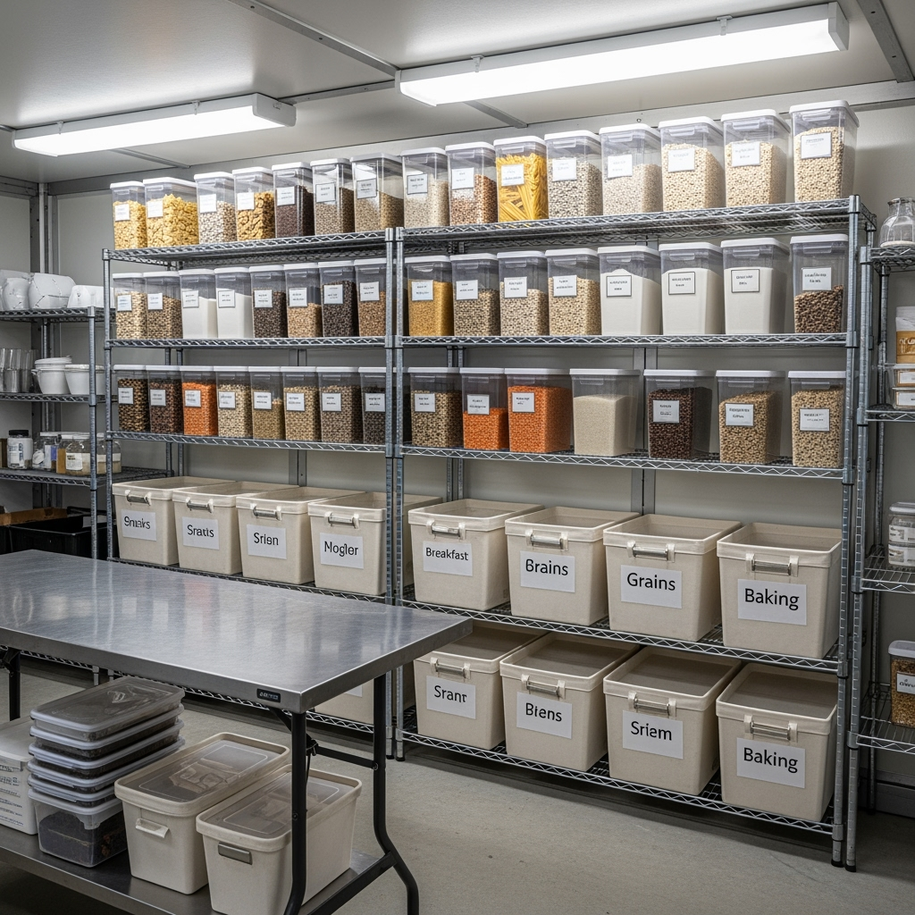 Organized storage containers with labeled food items in temporary kitchen
