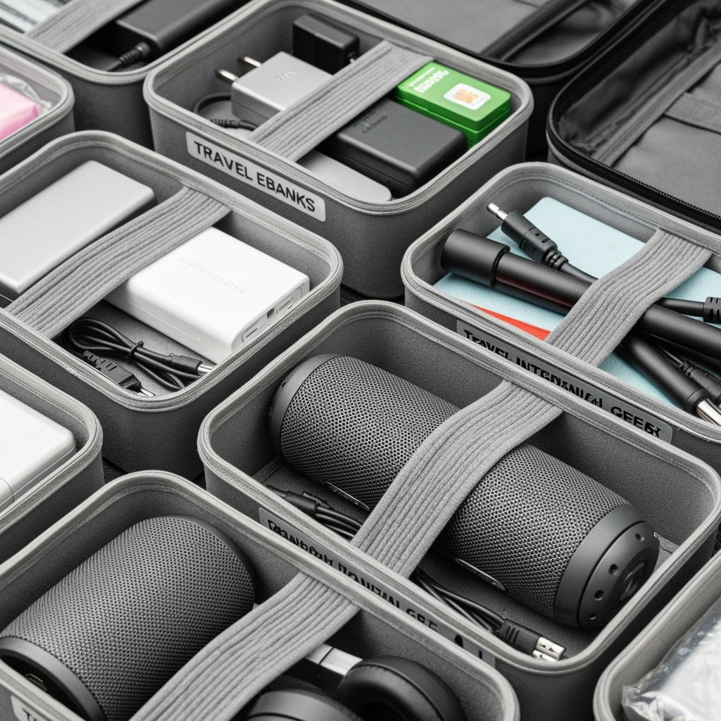Organized storage bins with travel and tech equipment