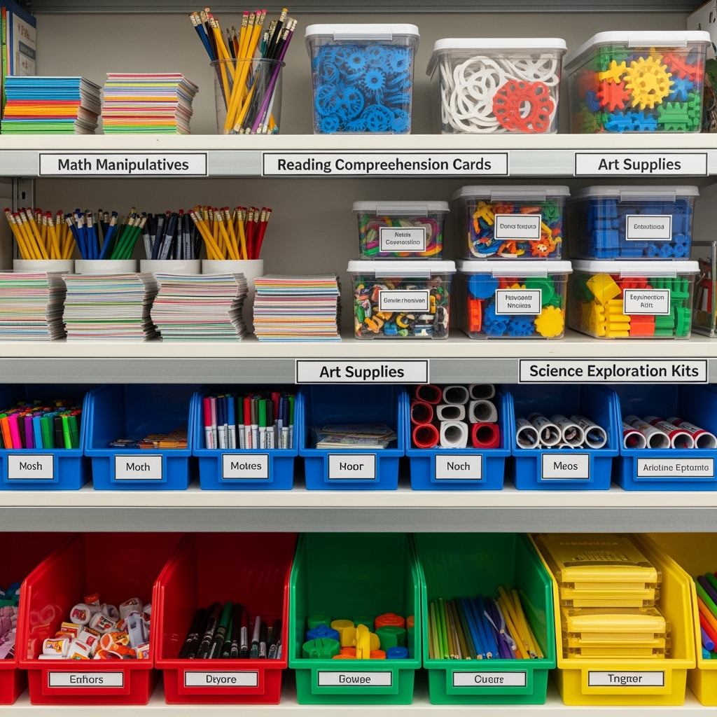 Organized educational storage system with color-coded bins