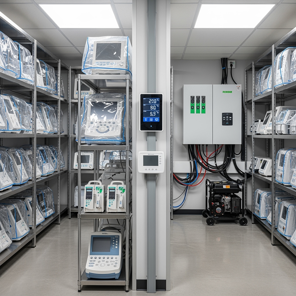 Climate-controlled storage unit with medical equipment and monitoring systems